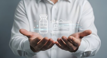 A person displays a digital vaccine vial and health passport representing healthcare technology and immunization records.