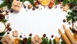 © ชัยธวัช ผาผง - Christmas baking ingredients and festive decorations border a blank white space perfect for seasonal greetings and holiday recipes displayed overhead for celebration.