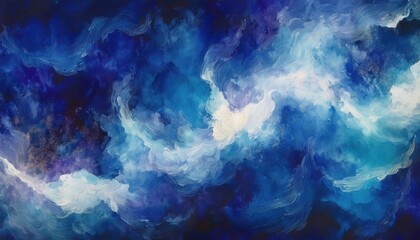 Wall Mural - ethereal abstract swirl of luminous blue and white clouds with star-speckled texture on dark cosmic 