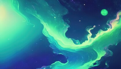 Wall Mural - vivid neon green aurora swirl on deep starry night sky background with dreamy fluid motion, perfect 