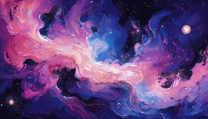 Wall Mural - ethereal pink and blue cosmic nebula swirl with stars and planets for surreal web design, dreamy pri