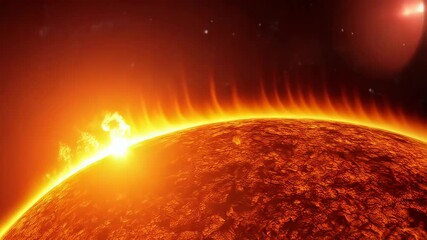 Wall Mural - Detailed view of a bright sun surface in outer space with stars, showing texture, hot orange colors, and powerful celestial energy.
