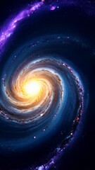 Wall Mural - Bright spiral galaxy with swirling arms, cosmic dust, nebulous clouds, and vivid stars viewed from a vertical perspective.