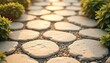 © DhanaStudio - Stepping stone pathway with gravel and surrounding green foliage.