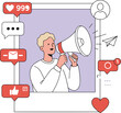 © Titan - Man using megaphone in social media frame, online marketing, digital promotion, influencer strategy, likes, messages, notifications, cartoon illustration, communication concept, vector design