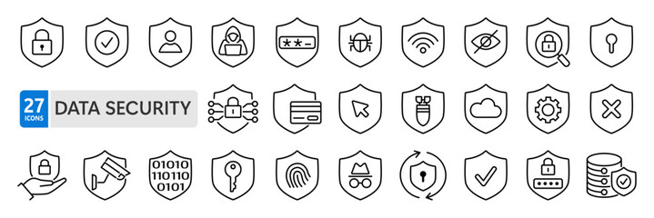 Shield Data Security Line Icon Set. Data protection and Secured network icon collection. Editable stroke. Vector illustration.