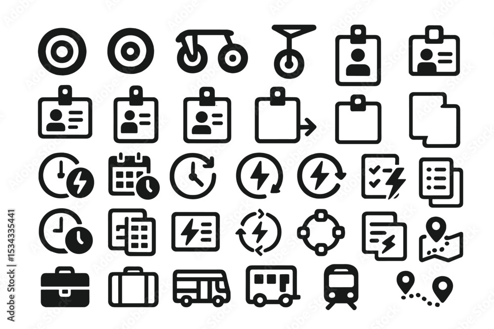 Icon set featuring transport modes, ID badges, energy tracking ...