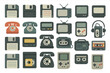 © MaximB - Flat icon set of vintage tech devices like floppy disks, phones, and cassettes