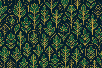  Seamless Art Deco foliage pattern in gold and green on dark background