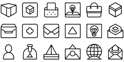 Line art icons of interface elements including envelope globe package person and design symbols
