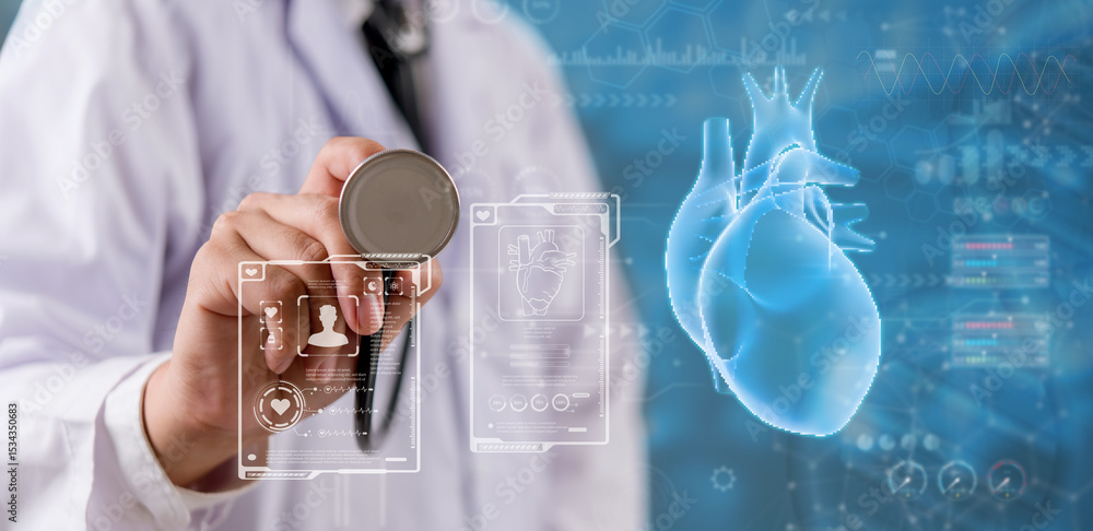 Doctor using stethoscope with heart Artificial Intelligence AI data ...