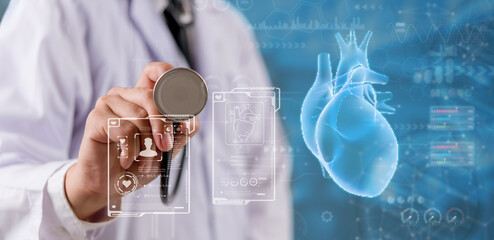 Doctor using stethoscope with heart Artificial Intelligence AI data, Innovative medical concept with augmented smart diagnosis technology.telemedicine, and smart hospital platforms.
