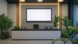 © BrilliantPixels - Modern Office Reception Desk Mockup Blank Screen, Minimalist Design, Greenery, Concrete Wall. Reception, Office Design