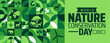 © Neelrong - World Nature Conservation Day background or banner design with Green Geometric Mosaic with Earth, Trees, Animals, and Wind Turbine for Environmental Awareness.