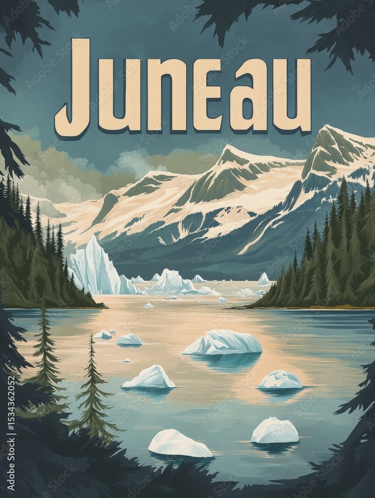 Glacial ice floats serenely in the waters surrounding Juneau, surrounded by majestic mountains and evergreen trees. The light reflects beautifully off the smooth surface of the water.