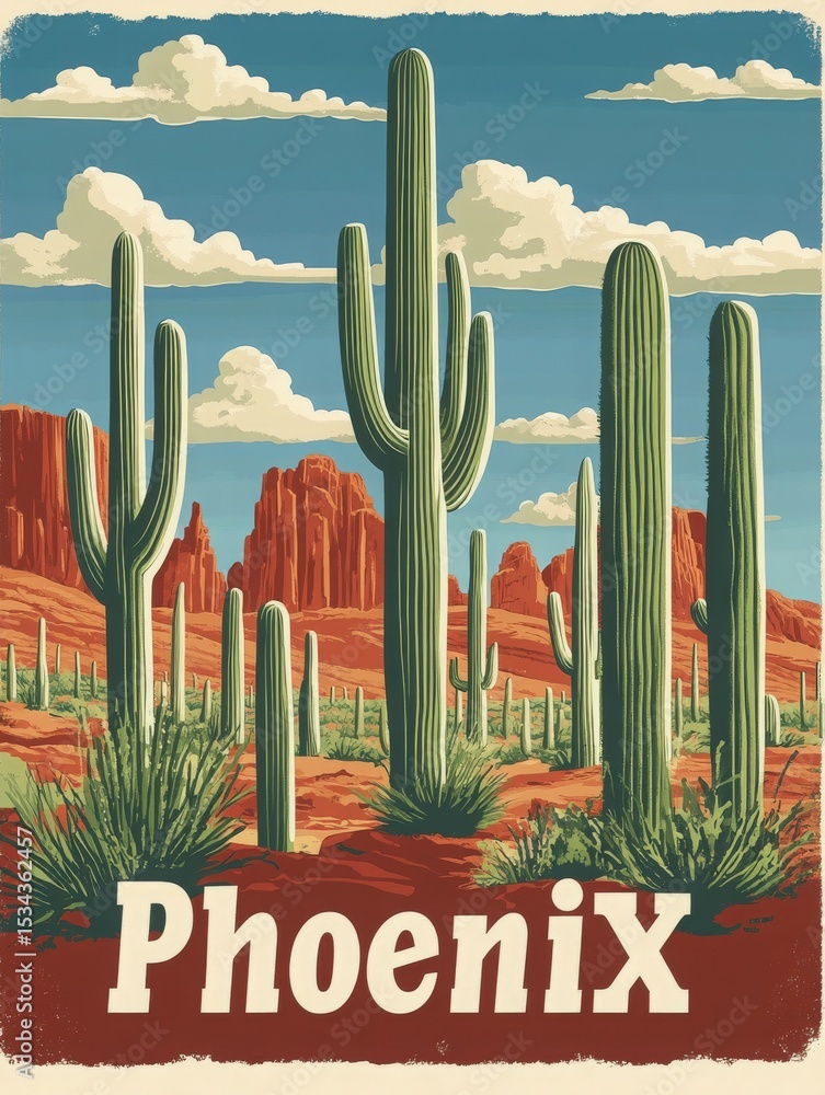 A colorful desert landscape showcases towering saguaro cacti against a backdrop of red rock formations and a bright blue sky. This tranquil scene captures the essence of Phoenix in the afternoon sun.