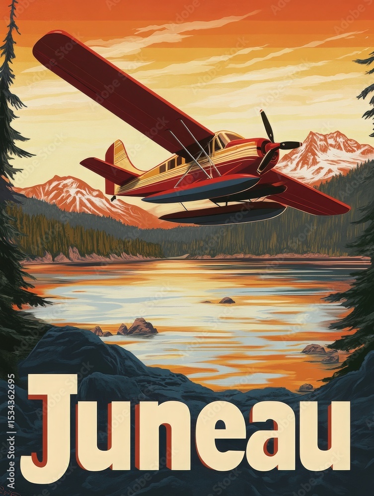 A floatplane soars over a calm lake surrounded by towering mountains and thick forests. The sunset bathes the landscape in warm hues, highlighting the beauty of Juneaus nature.