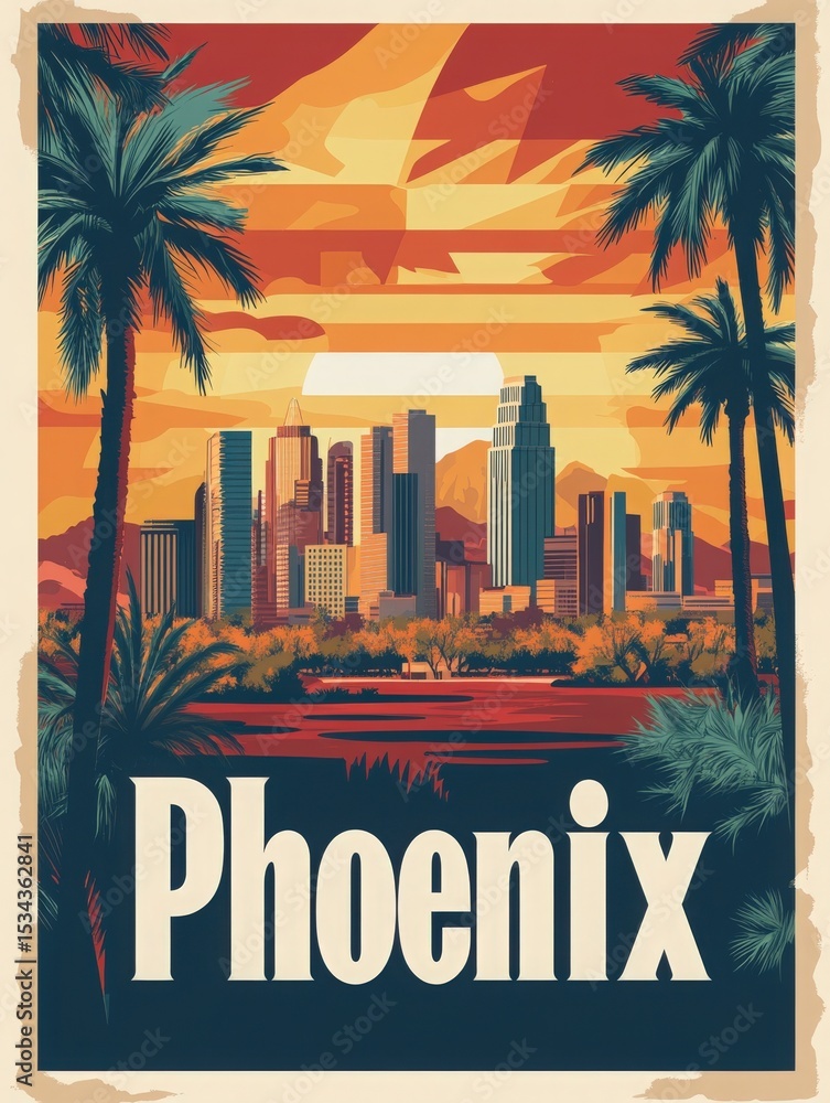 Vibrant sunset colors highlight the Phoenix skyline, framed by tall palm trees. The scene captures the essence of the city with mountainous backdrop and lush foreground.