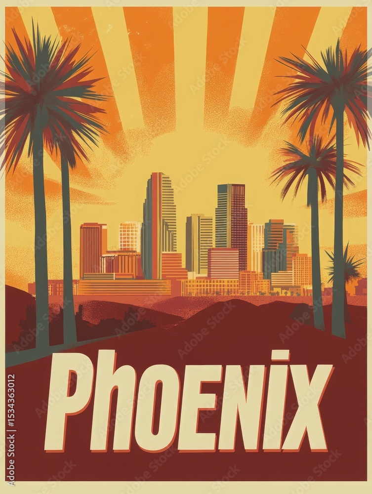 Tall buildings rise against a vibrant sunset in Phoenix, with rich shades of orange and yellow filling the sky. Silhouetted palm trees frame the scene, highlighting the urban landscape.