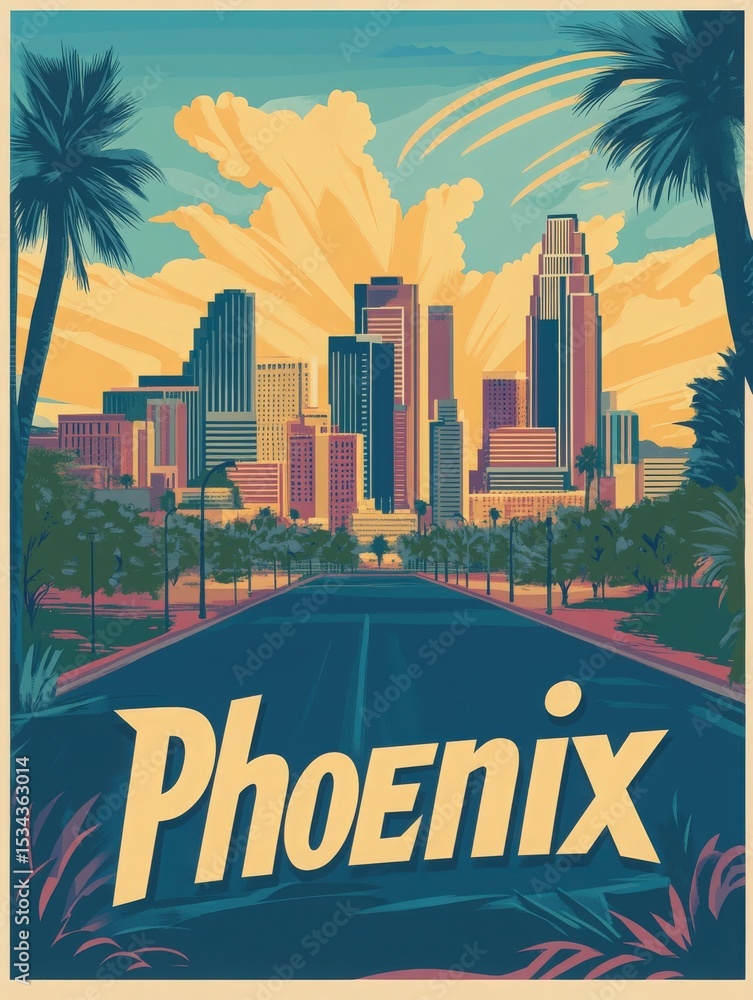 A stunning view of downtown Phoenix features modern skyscrapers and lush palm trees. The bright sunset colors create a picturesque ambiance, reflecting the citys vibrant energy.
