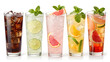 © Googl - Five refreshing cocktails with ice and fruit slices in tall glasses on a white background studio shot