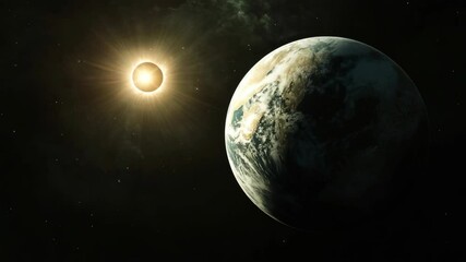 Wall Mural - a cosmic video scene showing earth and the sun from space. captured from a distant angle, highlighti
