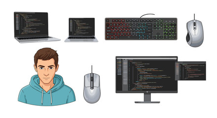 Illustration depicting a programmer with laptops keyboard mouse and monitor displaying code view