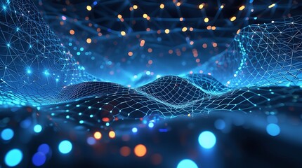 Blue toned abstract technology mesh with neon lights and depth effect background.