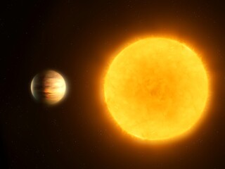 Wall Mural - rocky planet close to sun-like star. exoplanet heated by sun. planet orbiting near yellow dwarf.
