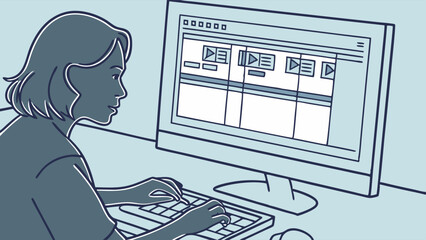 Woman working at desk on desktop computer editing video typing keyboard creative content creation