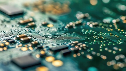 Close-Up of a Computer Circuit Board with Intricate Lines and Electronic Components Highlighting Technology and Innovation