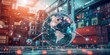 © Graph Studio - Global Trade and Logistics: A futuristic image of a global network above a bustling warehouse, symbolizing interconnected trade and efficient logistics in the modern era.