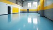 © Viktor - Epoxy floor coating inside room. Glossy, seamless, durable finish. Blue, yellow, grey colors. Industrial commercial residential application. Workshop garage interior design. Bright, clean, inviting