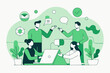© an - Office communication meeting, people discussing tasks with message icons, green color theme, teamwork collaboration, project discussion, vector illustration of corporate communication.