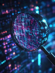 magnifying glass exploring abstract digital data stream: cybersecurity and software development conc