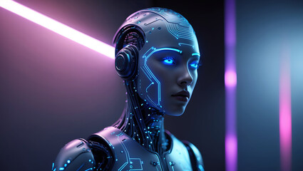 futuristic female cyborg portrait with glowing circuitry and neon lighting effect