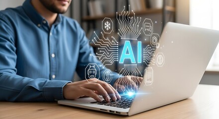 Man using laptop with ai concept graphic representing artificial intelligence technology