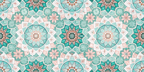 Naklejka na meble Elegant mandala pattern in turquoise and coral hues, perfect for decorative designs.
