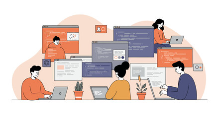 Diverse team collaborating on software development with laptops and code interfaces vector illustration