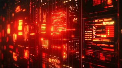 Abstract digital interface with red data visualizations on black background  