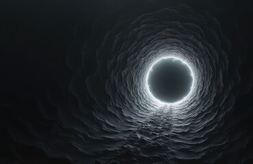 Wall Mural - Abstract illustration of a black hole tunnel on dark background with bright light at the end. Mysterious, futuristic, dark fantasy design. Concept of portal or time travel.