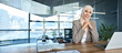© Stock 4 You - Portrait young muslim specialist business lady working on laptop pc in office smiling at camera. Middle eastern indian woman in hijab using computer technology for work online. Banner, copy space
