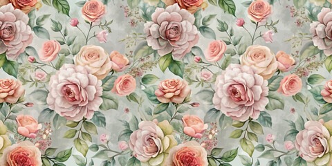  Soft pastel floral pattern with various roses and leafy accents.