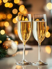 Wall Mural - two glasses of champagne on the table against blurred lights and decorations, creating a festive bac