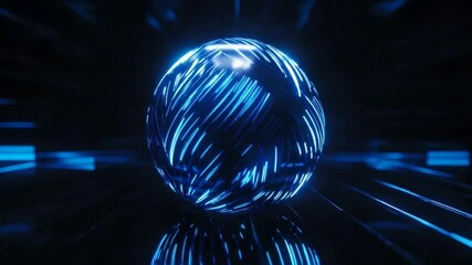Wall Mural - Futuristic sphere with glowing blue lines rotating in a dark technological backdrop