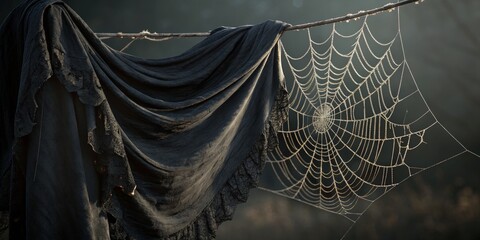 Dew-Kissed Web Lace Shawl and Spiderweb on Branch, autumn, nature