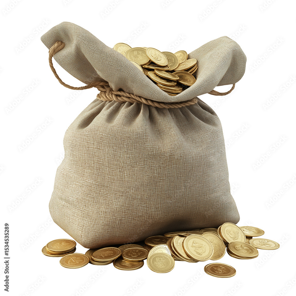 Realistic 3D render of a money bag overflowing with shiny gold coins ...