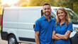 © Viktor - Smiling business owners stand by cleaning service van. Confident man and woman in blue casual attire. Entrepreneurship, partnership, teamwork, success, service, professionalism, community, quality.