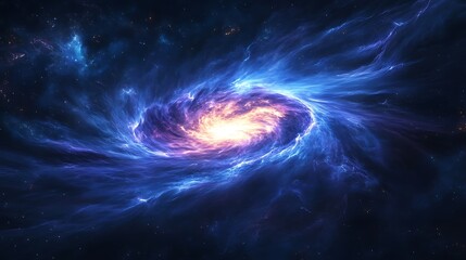 Wall Mural - a swirling galaxy of blue and purple with a bright yellow center in the vast expanse of deep space