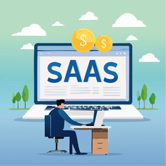 SaaS software as a service, cloud computing software for client subscription, internet web application online platform provider concept, businessman working with computer laptop on SaaS scree
